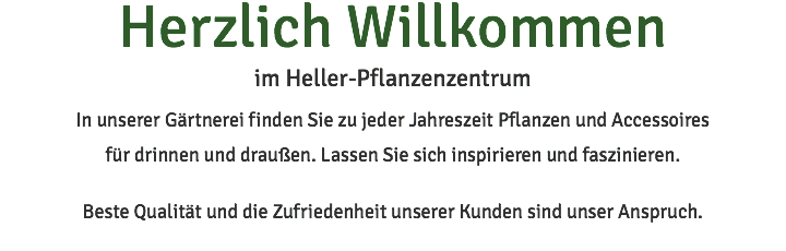 Herzlich Willkommen im Heller-Pflanzenzentrum In unserer Gärtnerei finden Sie zu jeder Jahreszeit Pflanzen und Accessoires für drinnen und draußen. Lassen Sie sich inspirieren und faszinieren. Beste Qualität und die Zufriedenheit unserer Kunden sind unser Anspruch.